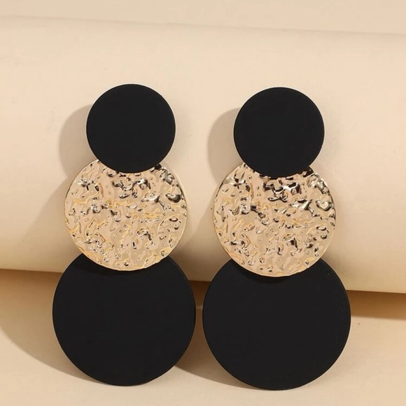 Restock- Black and Gold Round Drop Earrings - Picture 2 of 5